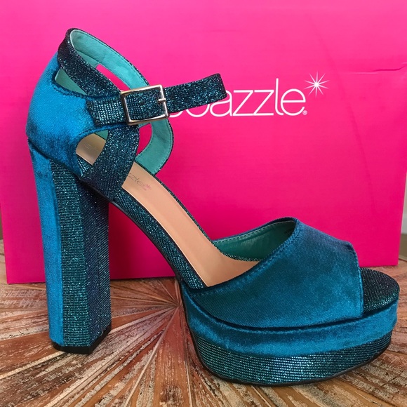 NIB Shoe Dazzle Teal Velvet Platform Sandals - Picture 5 of 12